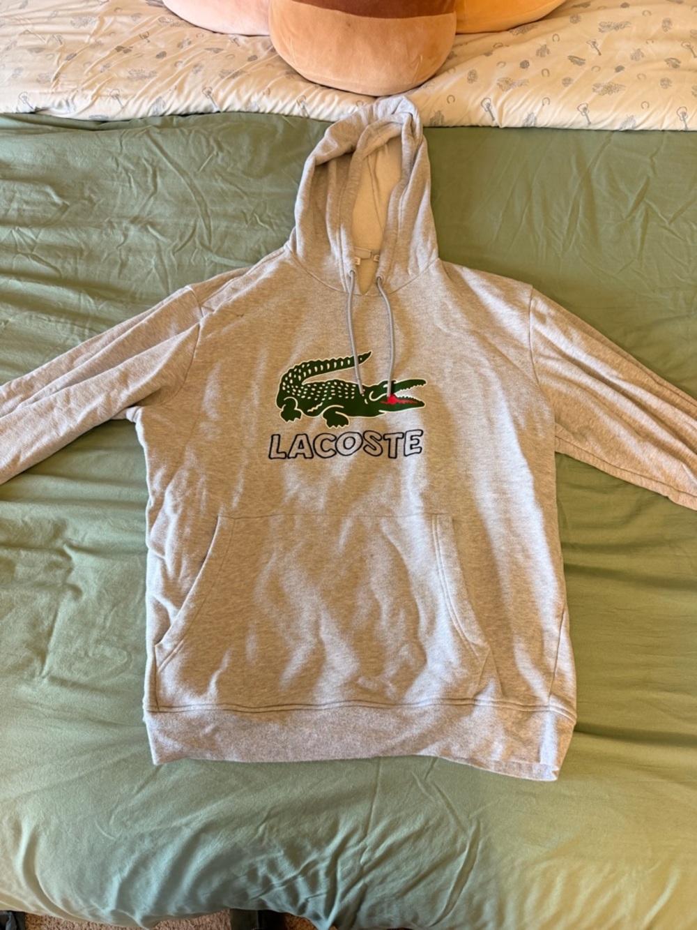 Lacoste Light Gray Hoodie with Green Crocodile Logo